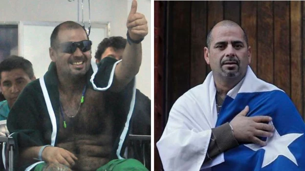 Mario Sepúlveda after being rescued in 2010, and covered in the Chilean flag (right), years later