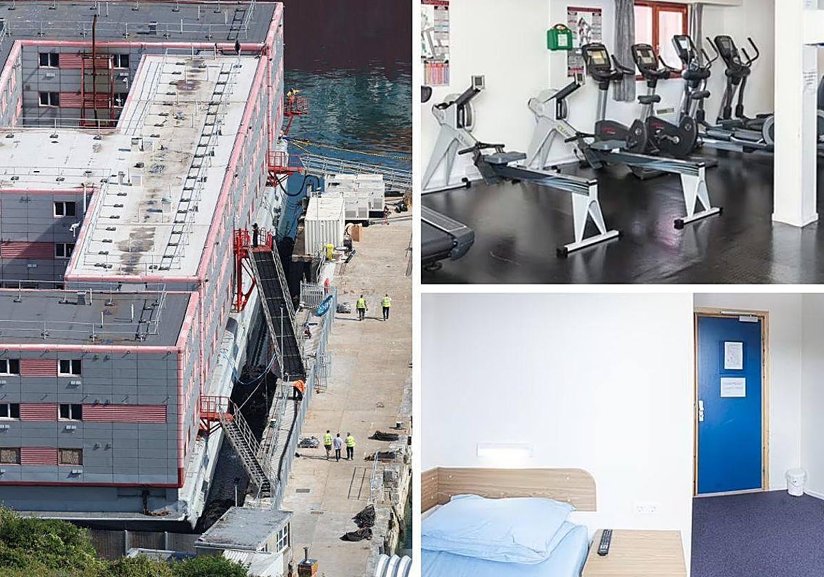 La barcaza 'Bibby Stockholm' y las imágenes de una habitación y un gimnasio que se encuentran en el interior