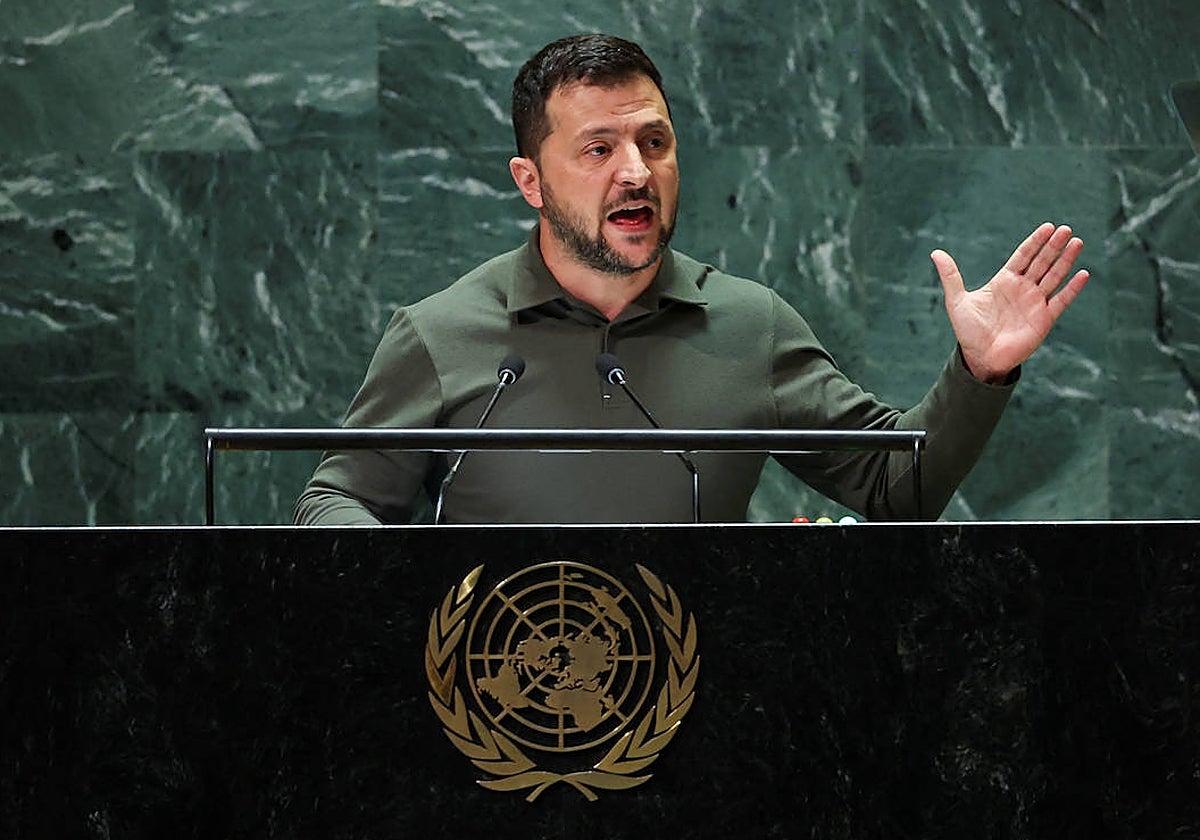 El presidente de Ucrania, Volodímir Zelenski, durante su discurso en la ONU