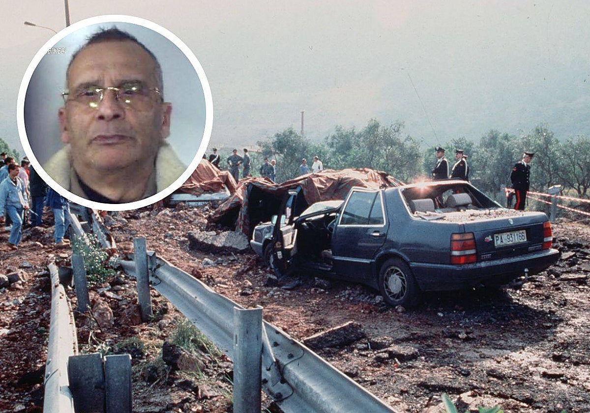 El coche destrozado del juez Falcone después del atentado de la mafia que acabó con su vida