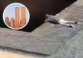 El momento en el que un hombre cae a la fuente conmemorativa del 11-S donde estaban las Torres Gemelas