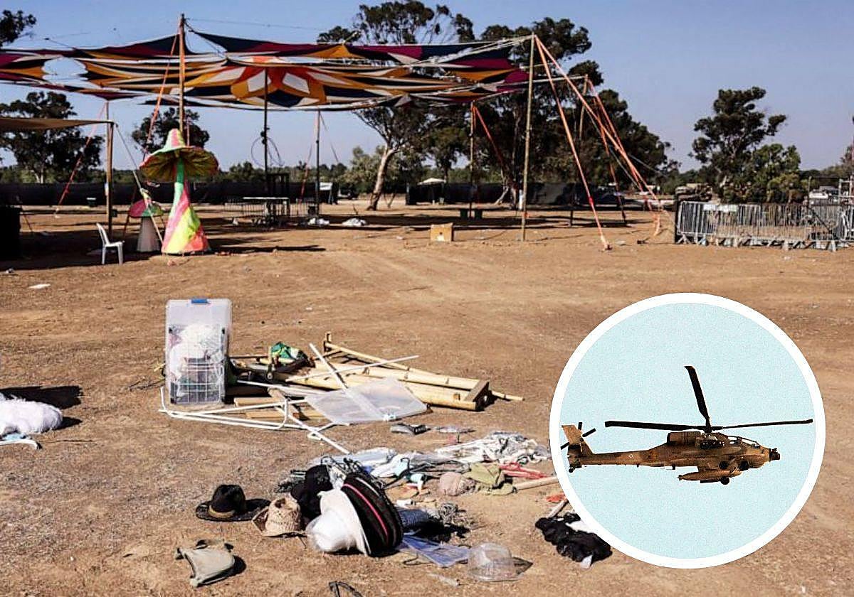 El Festival Nova tras el ataque y un helicóptero de combate israelí