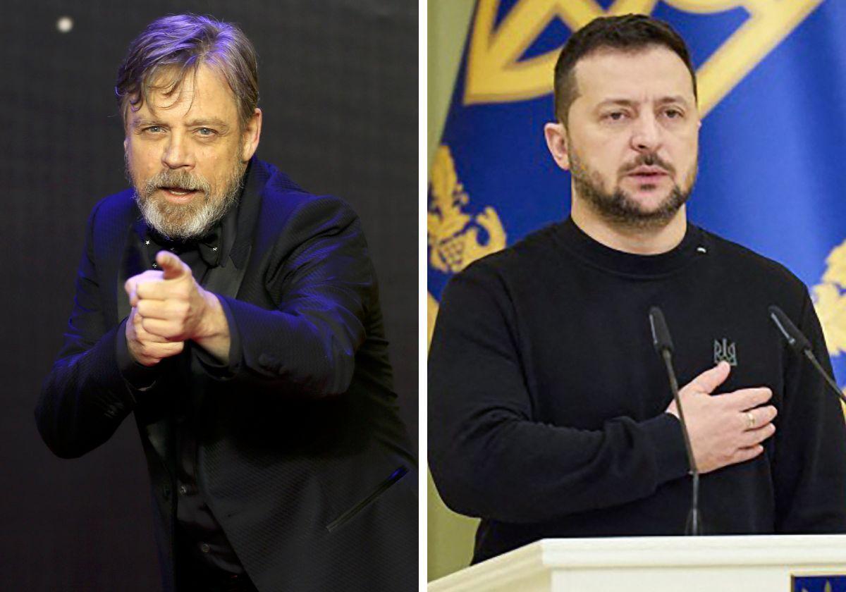 A la izquierda, el actor Mark Hamill. A la derecha, el presidente ucraniano Volodimir Zelenski