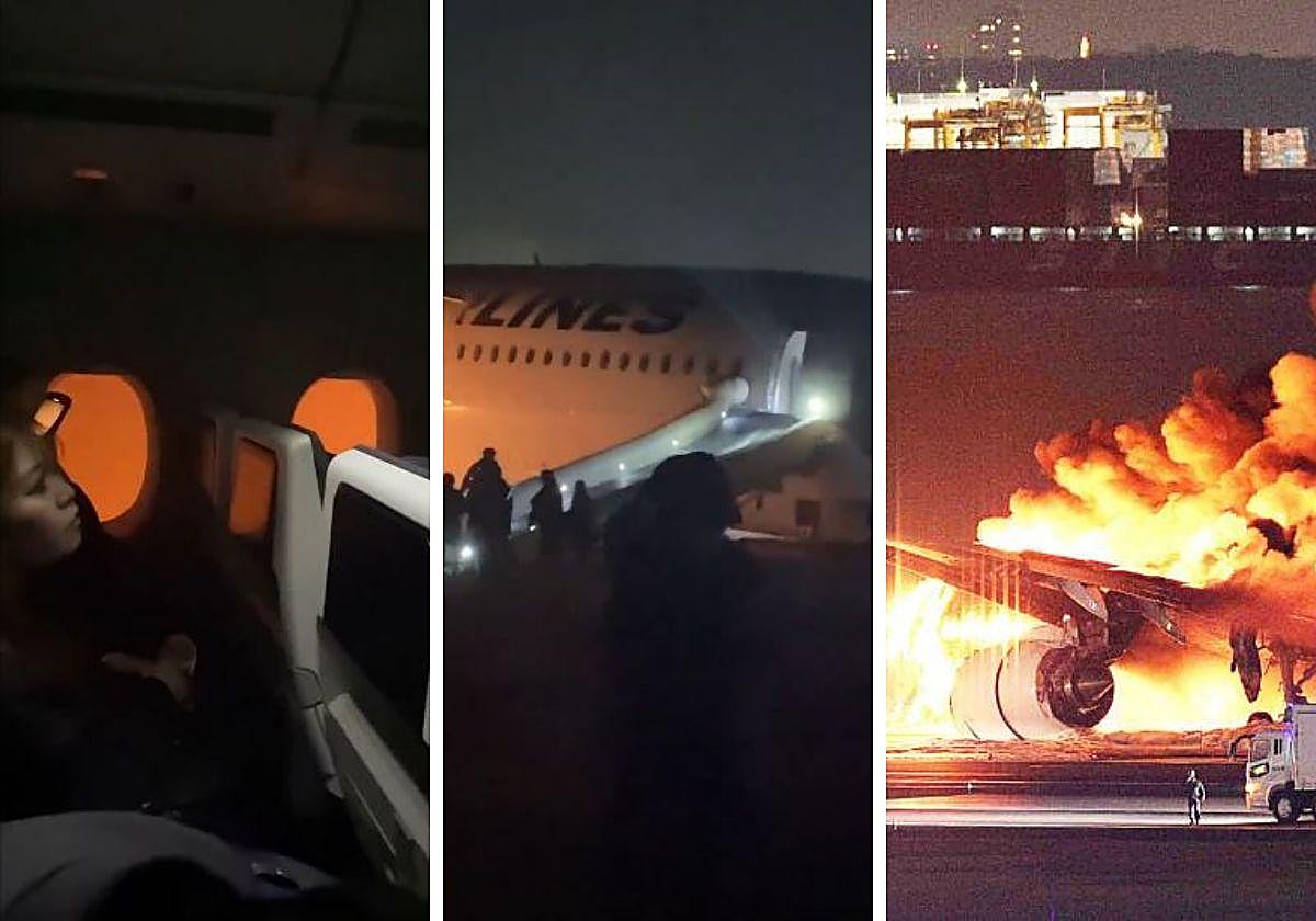 Imágenes en las que se puede apreciar la evacuación del avión incendiado en Japón