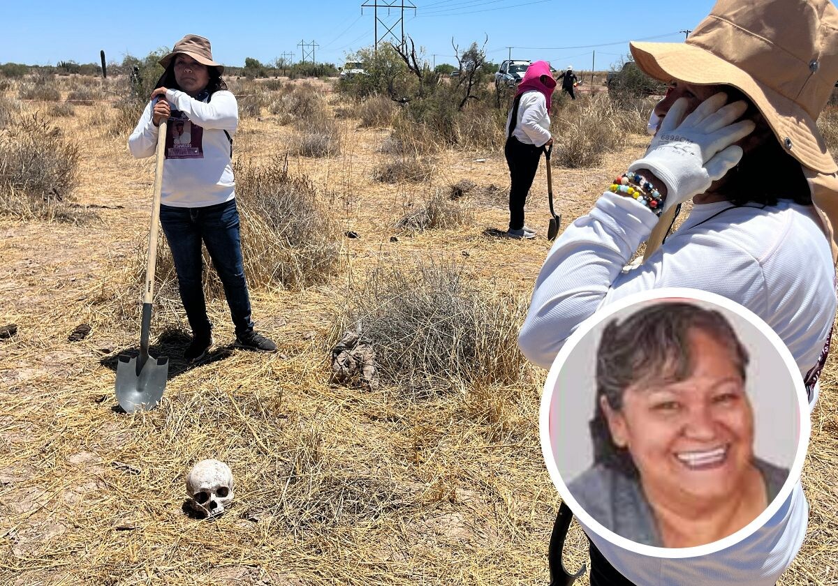 Mujeres que integran el colectivo Madres Buscadoras de Sonora localizan en 2023 restos humanos en una fosa clandestina, en Hermosillo. A la izquierda, Lorenza Cano Flores