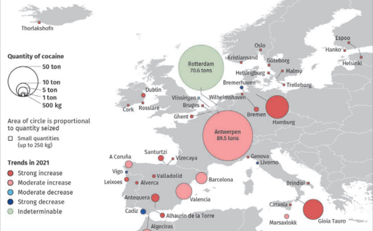 Cocaína incautada en puertos marítimos por las autoridades aduaneras de Europa occidental y central, cantidades incautadas en 2021 y tendencia en comparación con 2020