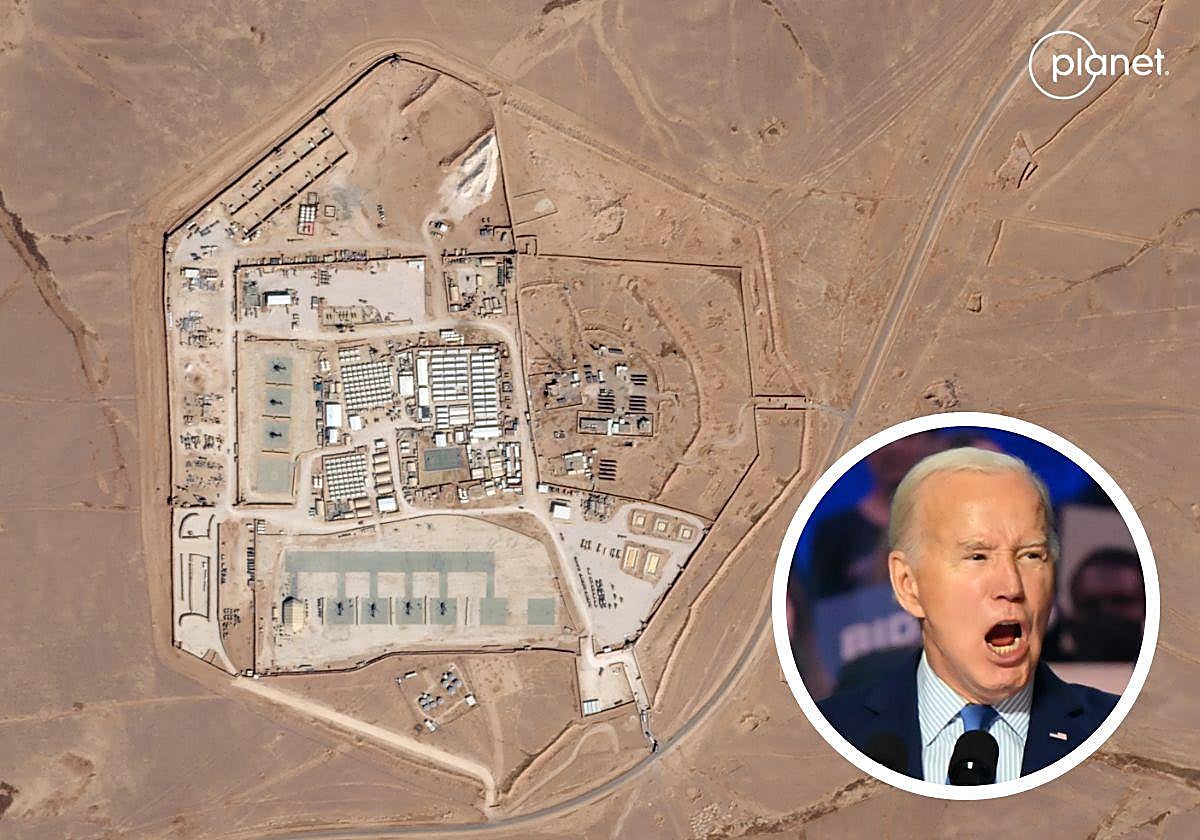 Vista aérea de la base de la Torre 22 y en el círculo de la imagen, el presidente de EE.UU., Joe Biden