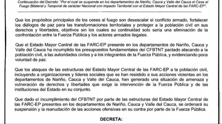 Gobierno suspende cese al fuego bilateral con disidencia de las FARC que atacó a indígenas
