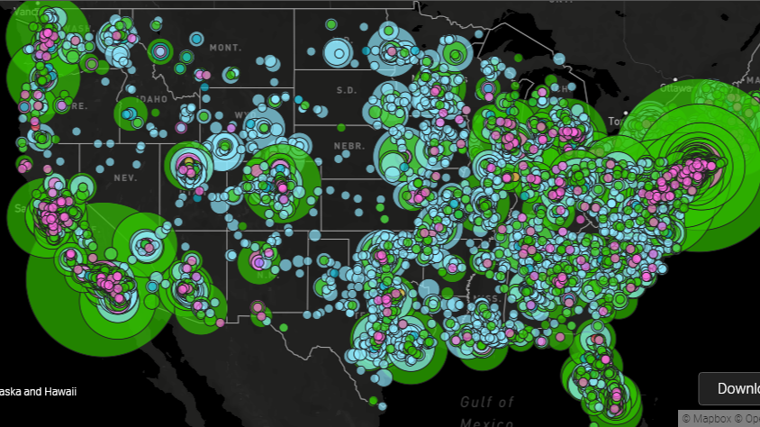 mapa de estados unidos que recoge todos los casos de 2023, de incidentes antisemitas, , anti-lgbtq+, propaganda supremacista blanca, eventos supremacistas blancos, asesinatos extremistas, complots y ataques terroristas y iroteos entre extremistas y policías