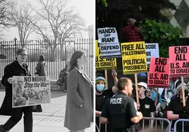 A la izquierda, protestas contra la guerra en Vietnam frente a la Casa Blanca en 1968; a la derecha, protestas contra la guerra en Gaza en 2024