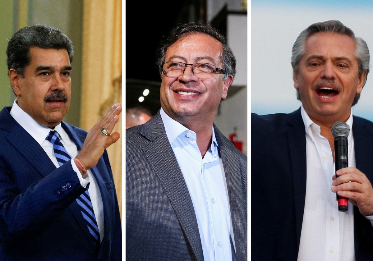 De izquierda a derecha, Nicolás Maduro, Gustavo Petro y Alberto Fernández