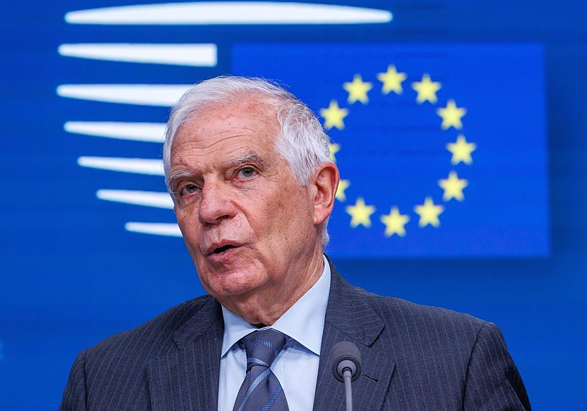 El alto representante de la diplomacia en la Unión Europea, Josep Borrell, durante la rueda de prensa posterior al encuentro con ministros de los 27