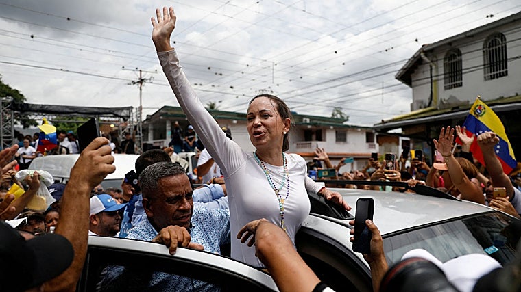 María Corina Machado durante un acto de campaña en Aragua, Venezuela