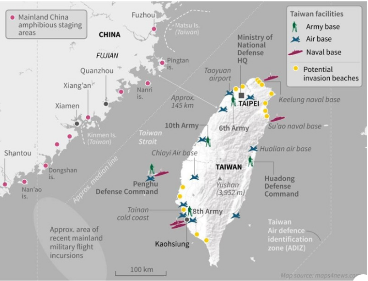 Activos militares de Taiwán y bases principales chinas