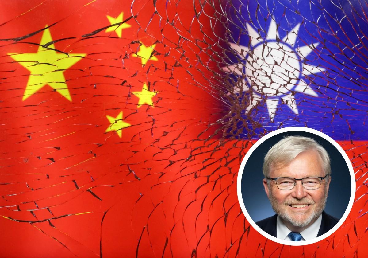 Montaje con las banderas de China y Taiwán y el rostro del embajador de Australia en EE.UU. Kiven Rudd