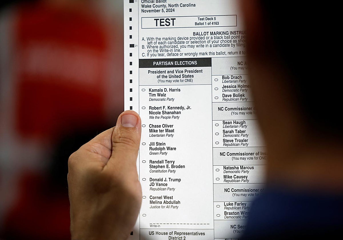 Un trabajador electoral muestra una papeleta de prueba en la que figuran los candidatos a la presidencia de EE.UU., entre ellos Robert F. Kennedy Jr.