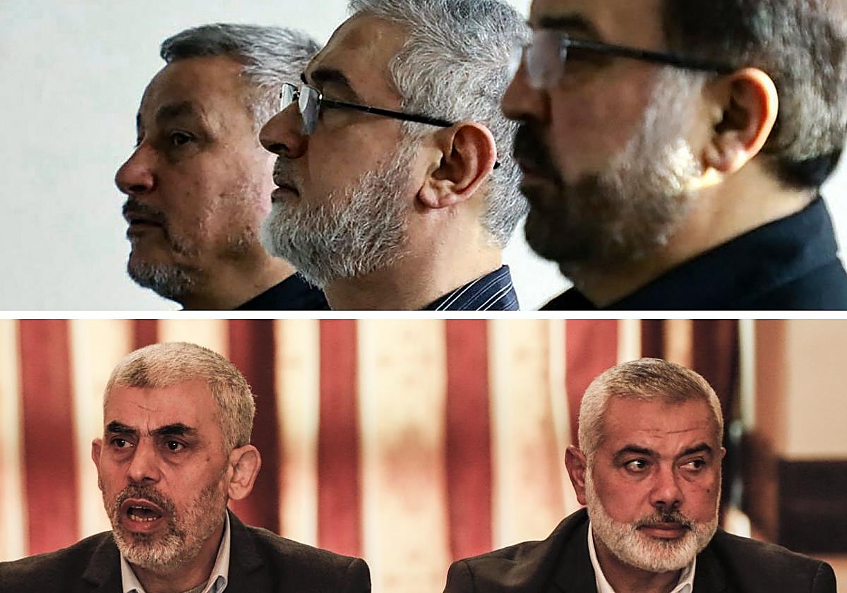 En la parte superior, Ibrahim Aquil (centro) y Fuad Shukr (derecha); en la parte inferior, Yahya Sinwar (izquierda) e Ismail Haniya (derecha)