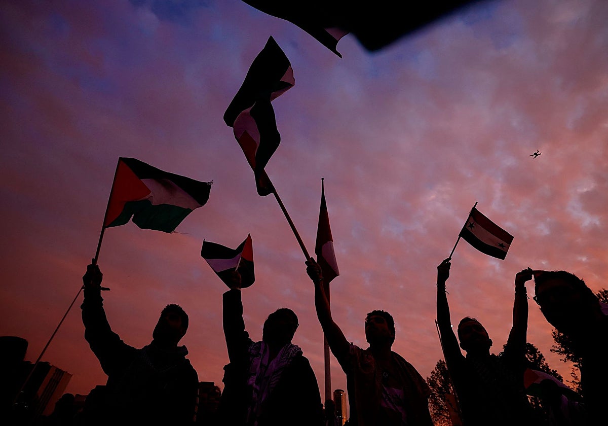 Manifestantes ondean banderas palestinas durante una protesta para mostrar su rechazo a las operaciones militares de Israel en Gaza, en Santiago de Chile