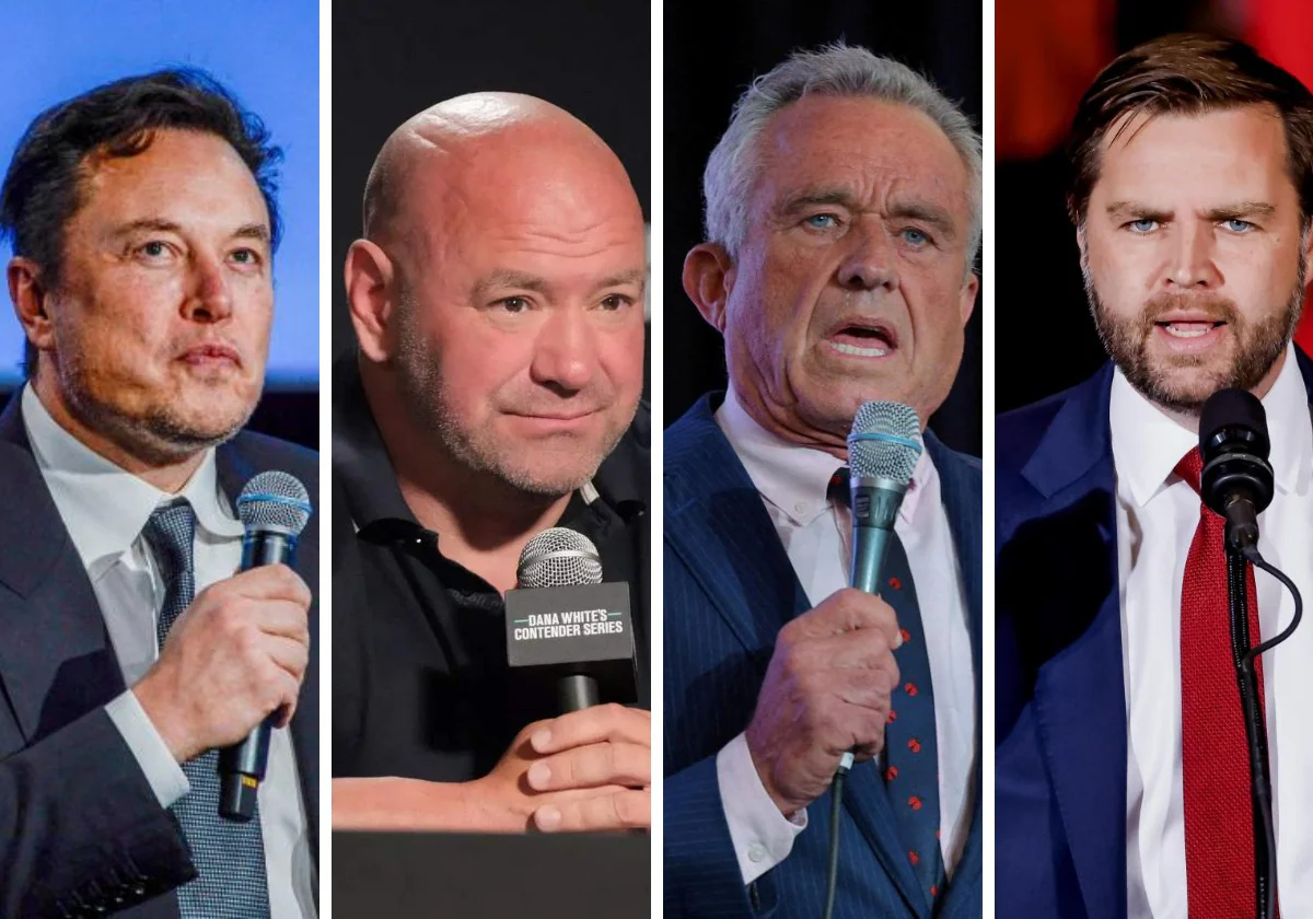 De izquierda a derecha, Elon Musk, Dana White, Robert F. Kennedy Jr. y J. D. Vance