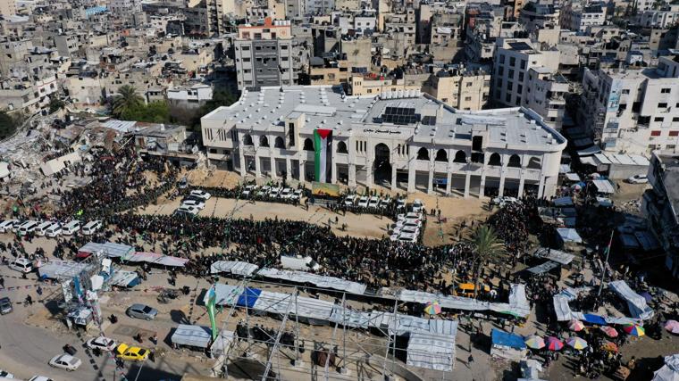 La Plaza Palestina desde una vista de dron, donde han desfilado las rehenes israelíes de Hamás