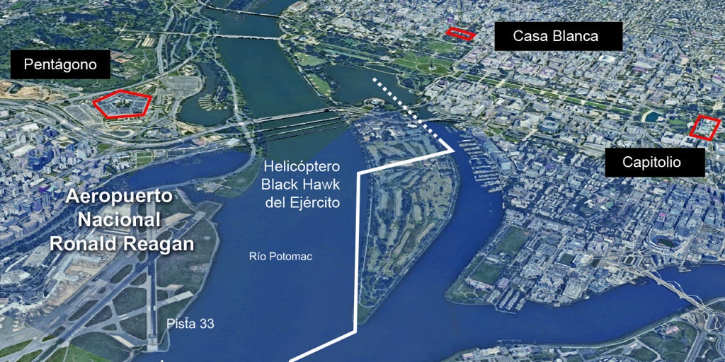 Mapa del lugar del accidente en Washington entre un avión de pasajeros y un helicóptero militar