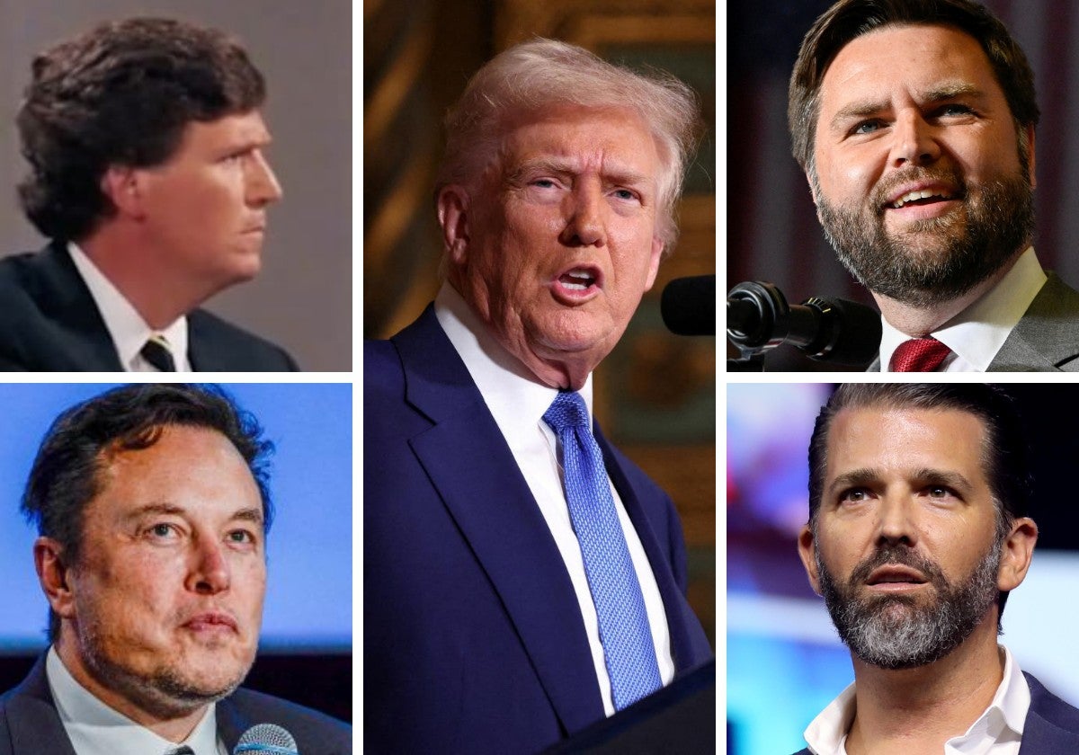 De izquierda a dercha y de arriba abajo, Tucker Carlson, J. D. Vance, Elon Musk y Donald Trump Jr.; en el centro el presidente Trump