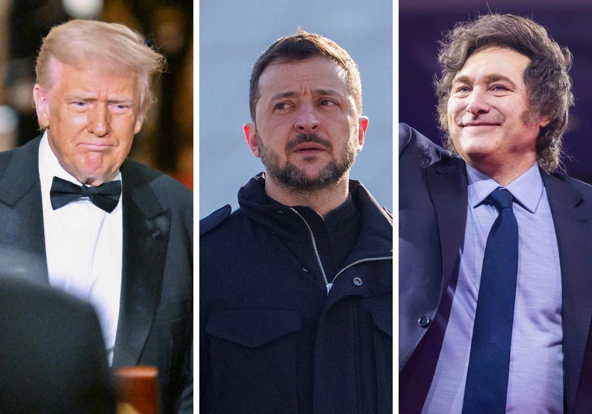 El presidente de EE.UU. Donald Trump y sus homólogos ucraniano y argentino, Volodímir Zelenski y Javier Milei