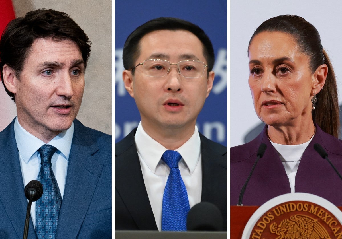 Justin Trudeau, primer ministro Canadiense, Lin Jian, ministro de Exteriores de China, y Claudia Sheinbaum, presidenta de México