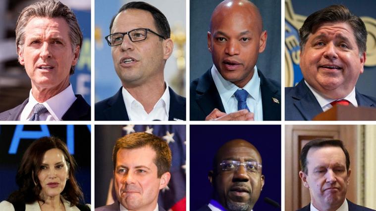 Por orden: Gavin Newsom (California), Josh Saphiro (Pensilvania), Wes Moore (Maryland), J.B. Pritzker (Illinois), Gretchen Whitmer (Míchigan), Pete Buttigieg, Elissa Slotkin, Chris Murphy