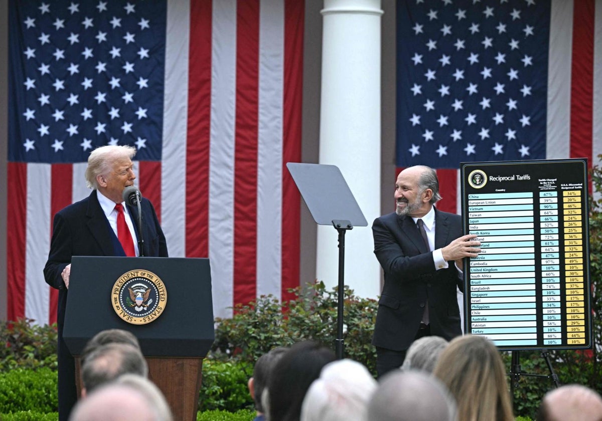 El presidente de EE. UU., Donald Trump, pronuncia unas palabras sobre los aranceles recíprocos ante el secretario de Comercio de EE.UU., Howard Lutnick