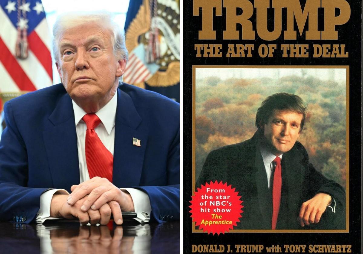 El presidente de Estados Unidos, Donald Trump, en la Casa Blanca, y en la imagen derecha, su libro 'El arte de negociar'