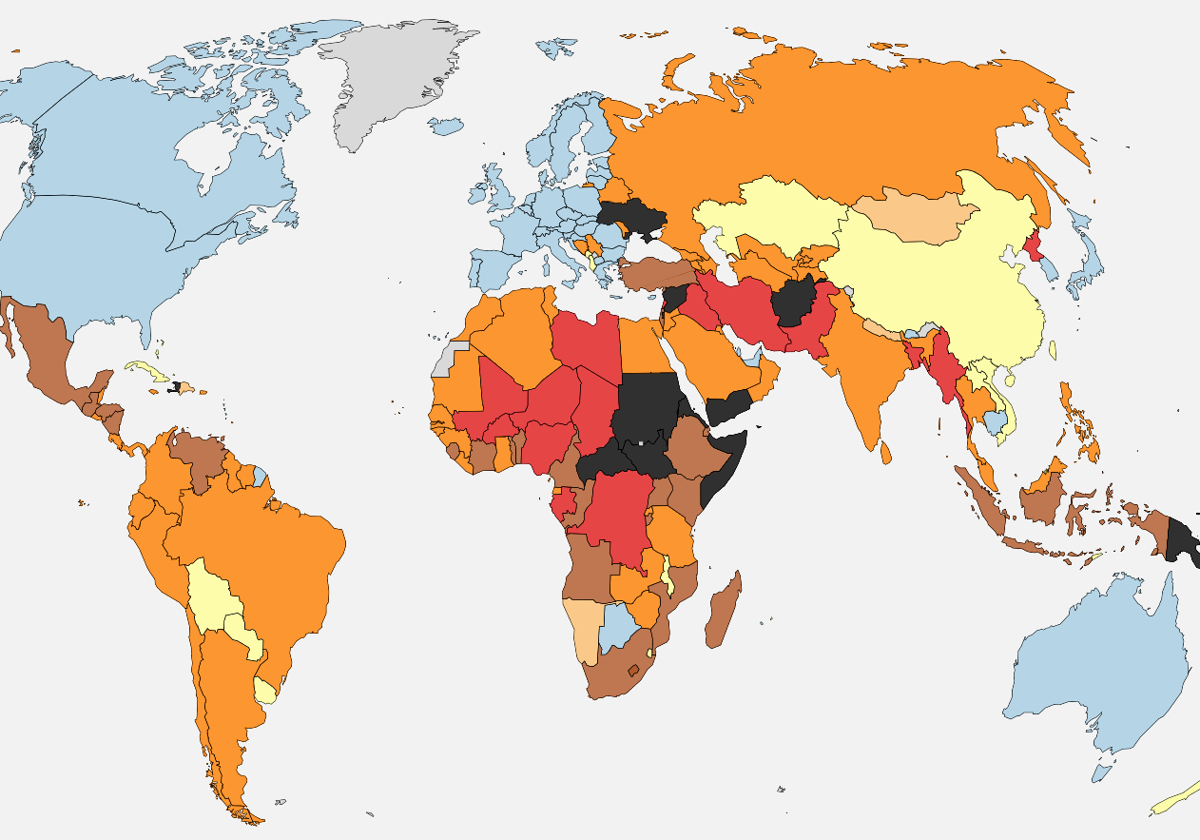 Mapa de la peligrosidad en el mundo en 2025