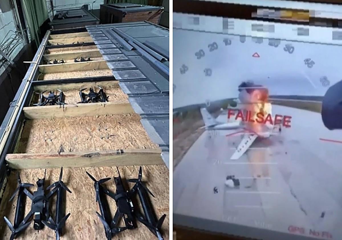 A la izquierda, imagen de drones escondidos bajo el tejado de una casa prefabricada; a la derecha, un avión explota en un aeródromo ruso