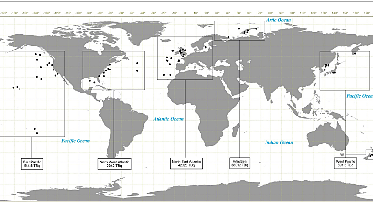 Inventario de vertidos al mar en todo el mundo, incluidas las cantidades totales en terabequerelios (unidad de medida de radioactividad) por región y los países que realizaron operaciones de vertido en un antiguo informe