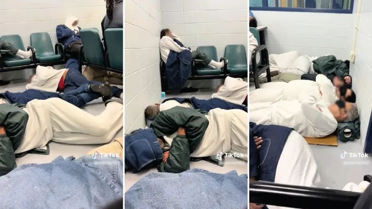 Capturas de pantalla de un vídeo subido a TikTok de una celda superpoblada aparentemente en el Centro de Detención de Krome a fines de marzo