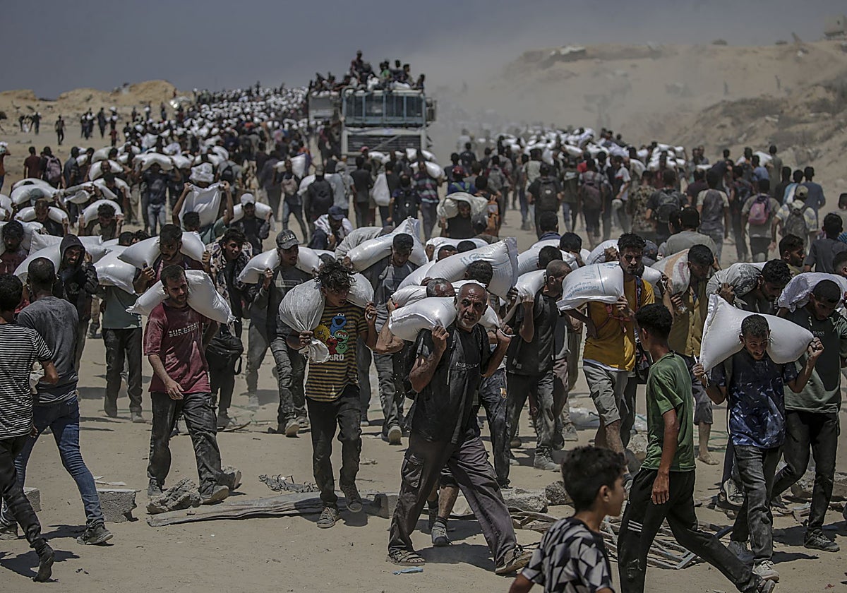 Una multitud de palestinos hace acopio de sacos de harina tras su reparto en el norte de Gaza