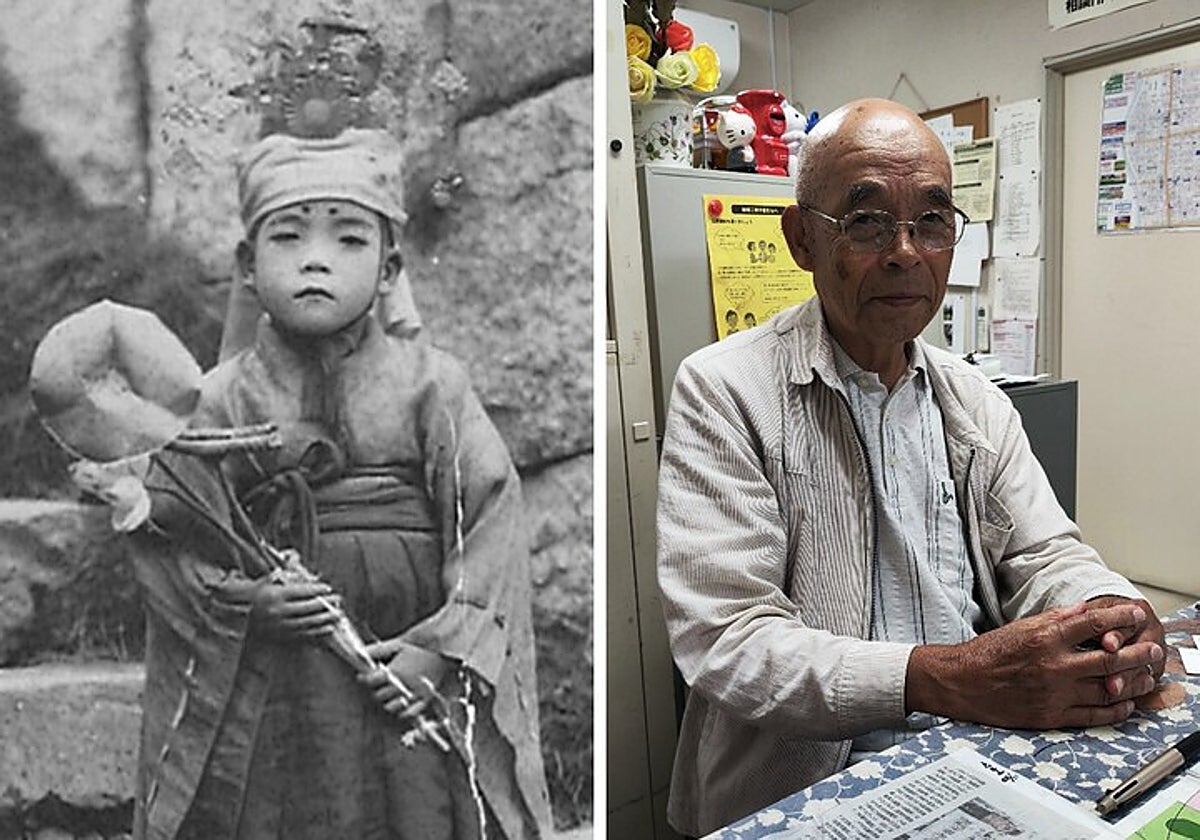 Por la bomba, Kunihiko Sakuma sufrió enfermedades de niño (a la izquierda con seis años)