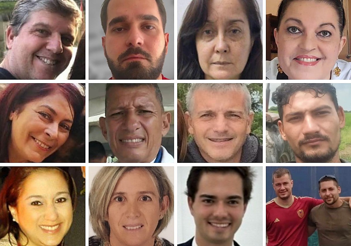 De izq. a der. y de arriba abajo los presos políticos hispanovenezolanos Alejandro González, Fernando Noya, Rocío San Miguel, Catalina Ramos, Ángela Expósito, Jorge Yespica, Jorge Alayeto, Juan Rodríguez, María Auxiliadora Delgado, Sofía Sahagun Ortiz, Ignacio Monllau y los españoles José Basoa y Andrés Martínez