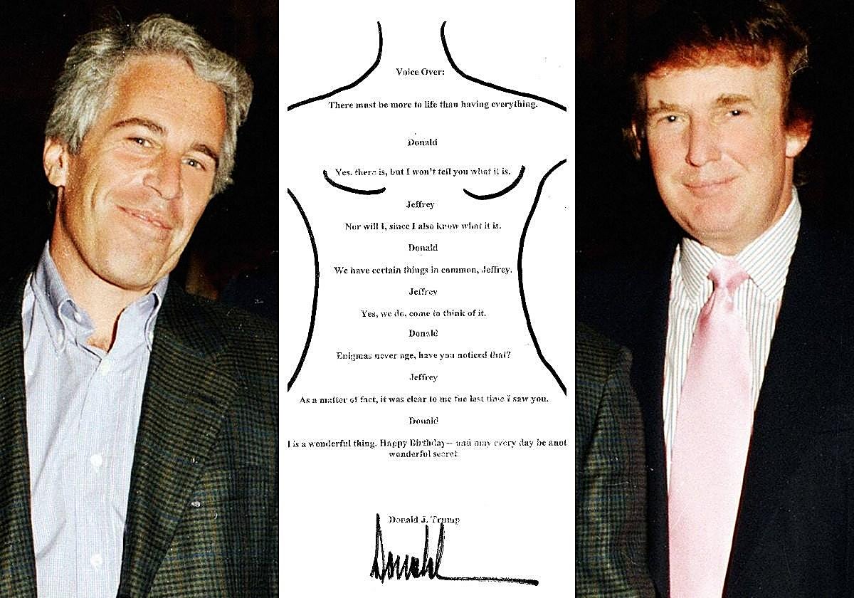 Epstein y Trump en una imagen de finales de los años 80 junto a la presunta carta enviada por el ahora presidente de EE.UU.