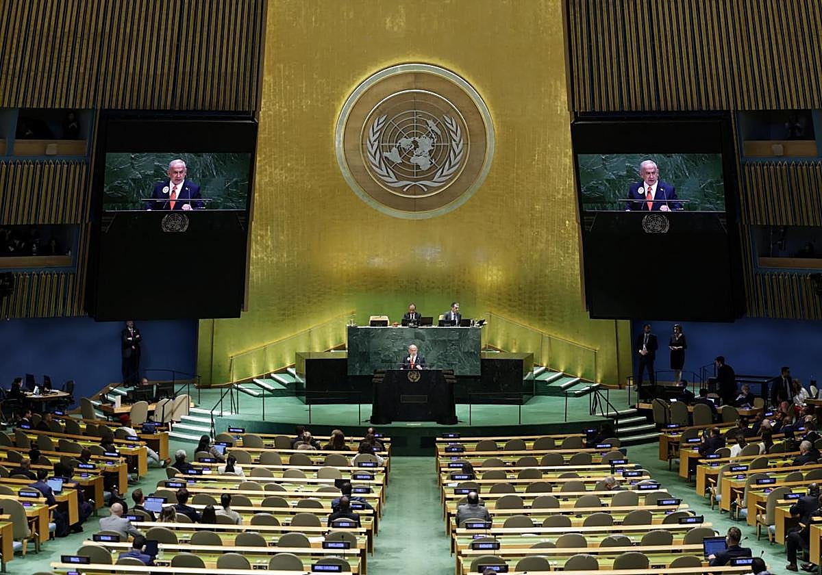 La sala de la Asamblea General de la ONU se vacía como mensaje de protesta contra el primer ministro israelí, Benjamin Netanyahu