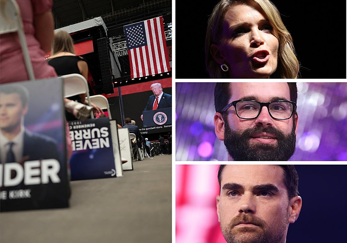 Izq., Trum en el homenaje a Kirk en Glendale (Arizona). De arriba a abajo a la derecha, Megyn Kelly, Matt Walsh y Ben Saphiro