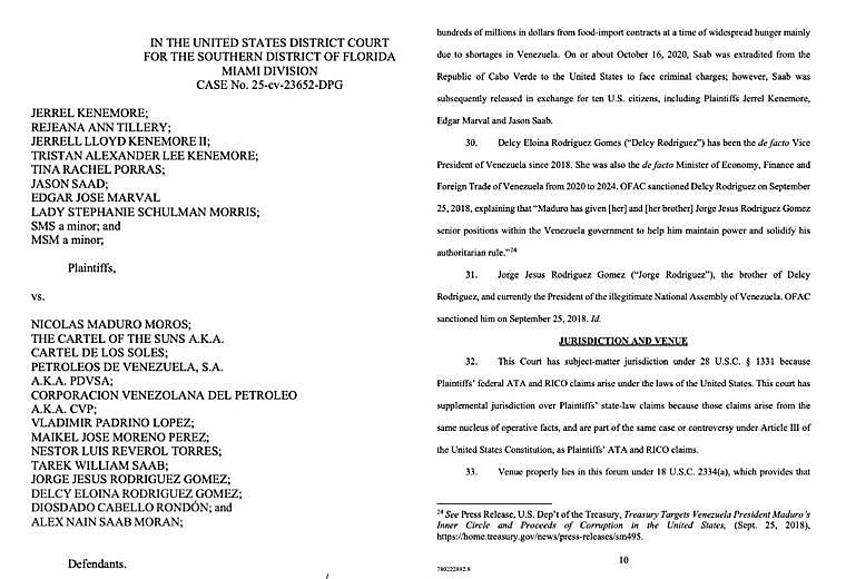 Los documentos de la demanda presentada en un tribunal de Florida contra la cúpula venezolana