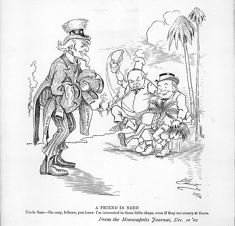UN AMIGO EN APUROS. Tio Sam: Tranquilos, compañeros, ya sabéis que estoy interesado en estos pequeños chicos, incluso aunque sean desagradables todas las veces. Del 'Diario de Mineápolis', 10 de diciembre de 1902.