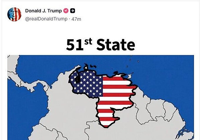 La publicación de Trump en Truth Social donde habla de Venezuela como estado 51. de Estados Unidos.