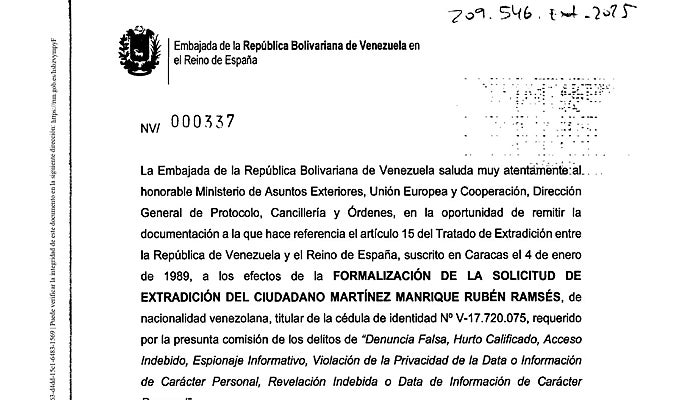 La solicitud de extradición que hace Venezuela ante España para capturar a Rubén Ramsés Martínez Manrique.