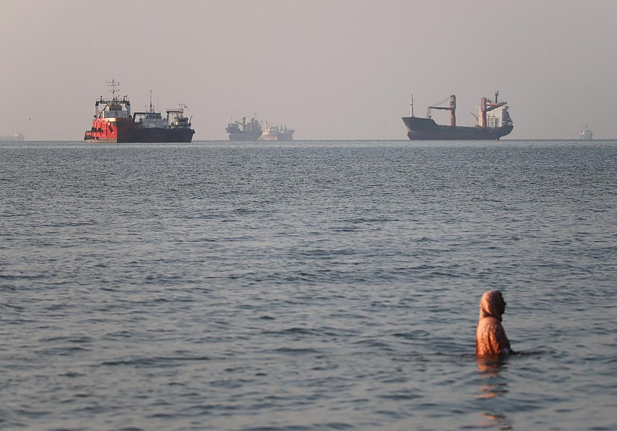 Petroleros y buques de carga fondeados a orillas de la costa iraní de Bandar Abbás esperan para cruzar Ormuz.