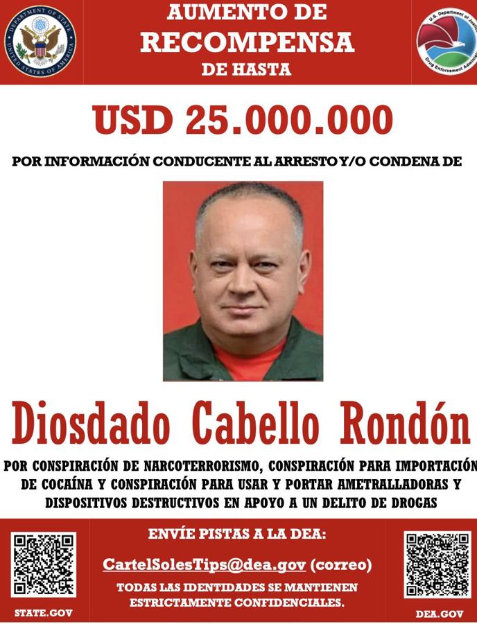 Cartel de busca y captura de Cabello.