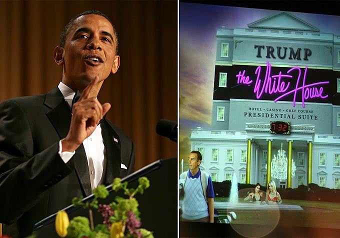 Obama, junto a la imagen de la Casa Blanca convertida en un hotel Trump