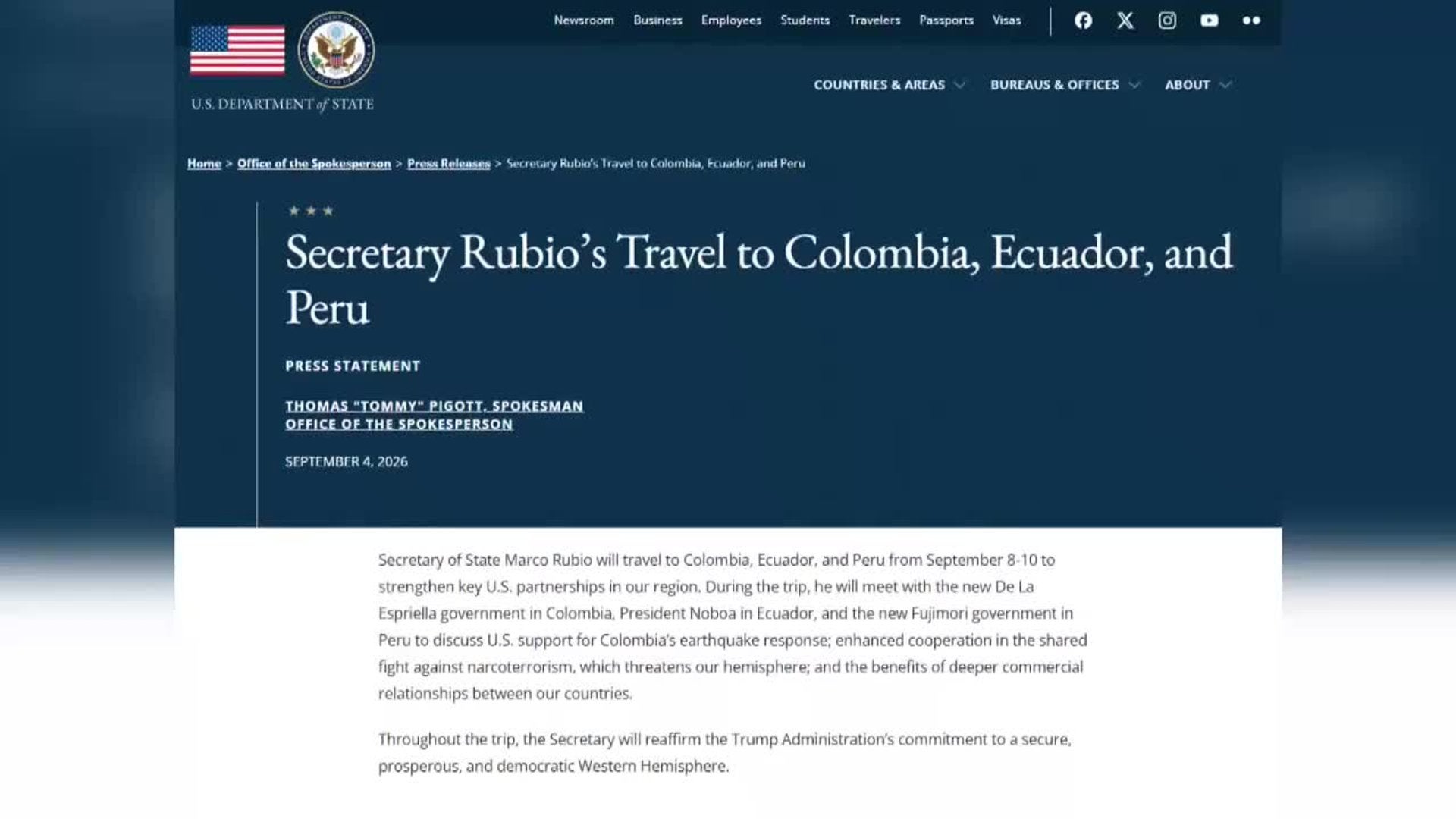Photo: abc.es Marco Rubio Visits Colombia, Ecuador, and Peru to Boost Regional Security