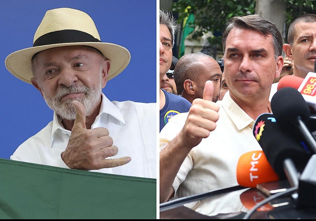 Los candidatos a la Presidencia de Brasil, Lula da Silva (izquierda) y Flávio Bolsonaro (derecha), tras votar este domingo